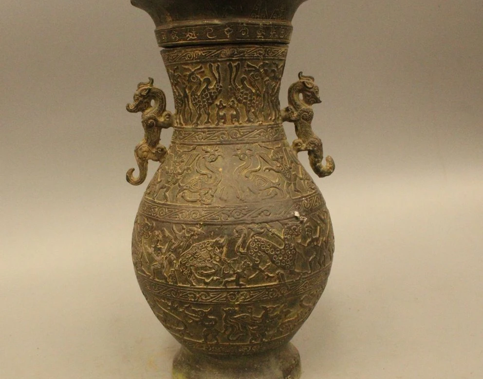 

12" Ancient Chinese Dynasty Palace Bronze Beast Dragon Pot Zun Bottle Vase Statu