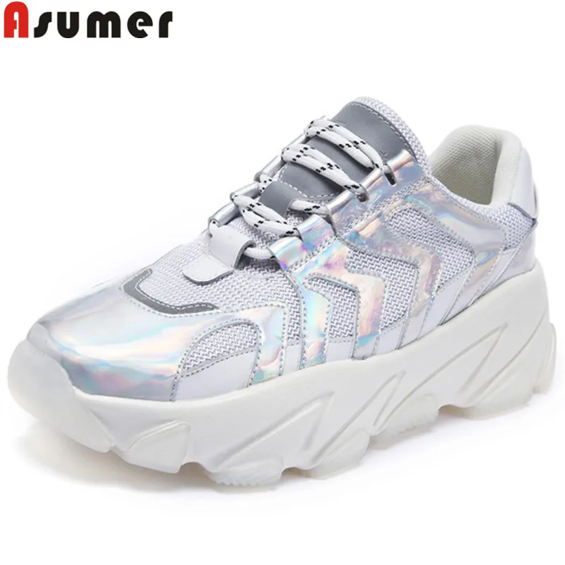 

ASUMER fashion sneakers women round toe lace up mesh+cow leather shoes women flat platform ladies shoes casual female shoes