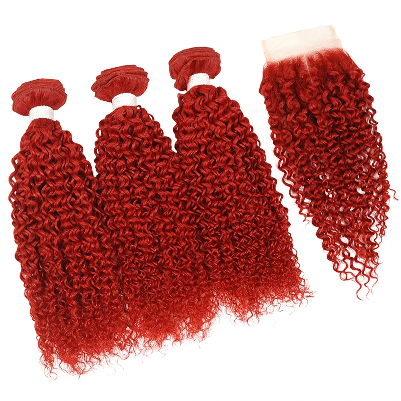 Pinshair цветные бразильские пучки волос с закрытием бордовый красный пряди кудрявых волос человеческие волосы 3 пучка с закрытием не Реми