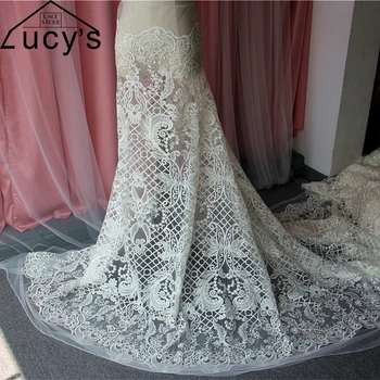 

1 Yard Ivory wedding lace fabric Sequins lace heavy embroidered tulle mesh bride lace NEW