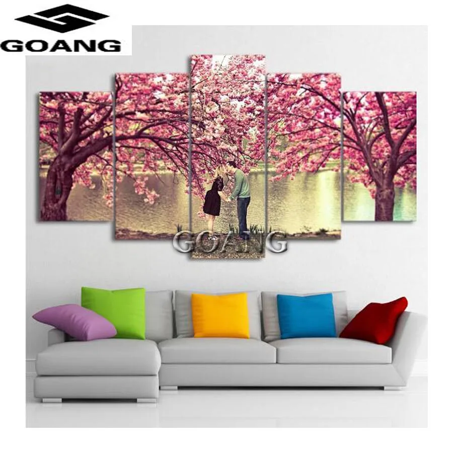 

5PCS 5D Diamond Painting Cross Stitch Kits Square Diamond Embroidery 5D Diamond Mosaic Home Decor sakura Romantic lovers kiss