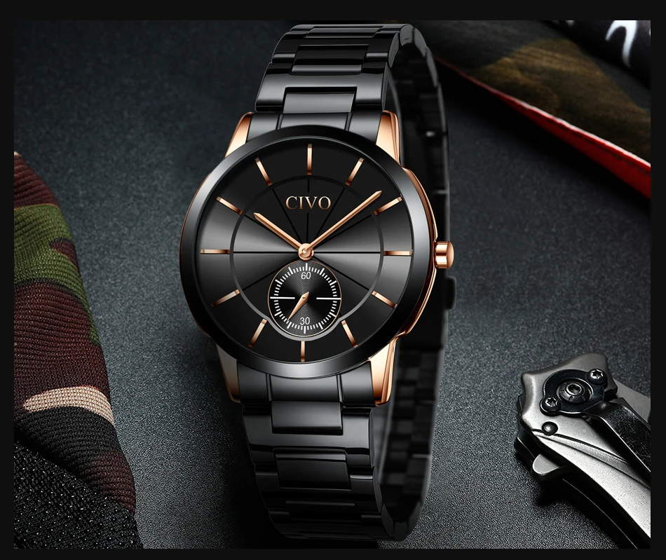 Reloj CIVO quartz watches mens fashion sport dial waterproof wirst watches top brand luxury steel strap man watches montre homme