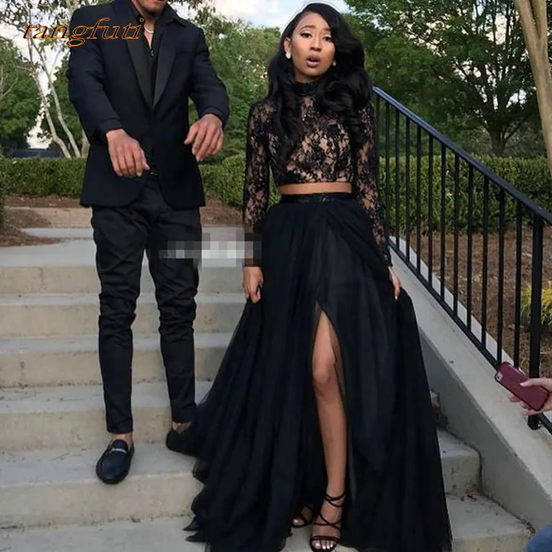 

Black Evening Dresses Lace Long Sleeve Two Piece Gowns A-Line Tulle Side Split Evening Party Formal Evening vestido formatura