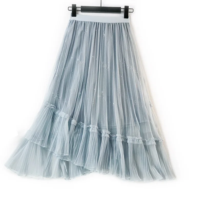 

Sweet Lace Ruffled Skirt 2019 New Summer Irregular Pleated Princess Long Skirt Sparkling Dream Fairy Skirt Saias Faldas Jupe