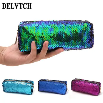 

Large Capacity Zipper Reversible Sequin Pencil Case Pen Bag Box Makeup Storage Bag Office School Organizer Stationery Supplies
