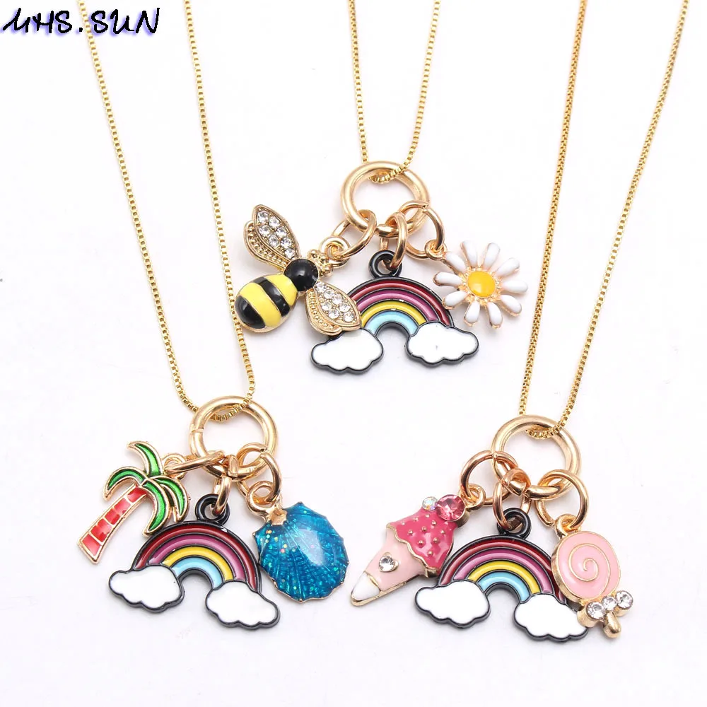 

MHS.SUN Cute baby girls charm chain necklace with bee/flower/rainbow pendant diy children jewelry choker cute gift for kids toy