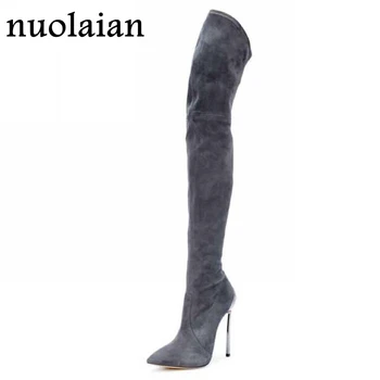 

11CM Over Knee Stretch Thigh Boots Woman High Heel Boots Black Womens Autumn Winter Boots Faux Suede High Heels Bota Feminina