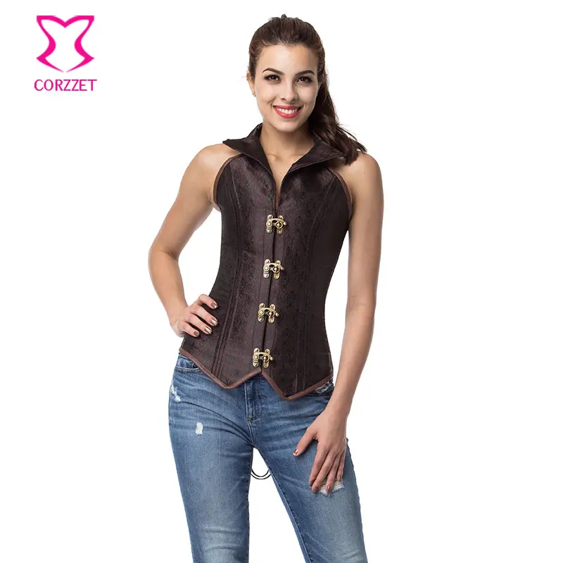 

Vintage Brocade Halter Bustier Corset Tops Steampunk Clothing Long Waist Trainer Steel Boned Sexy Gothic Corsets And Bustiers