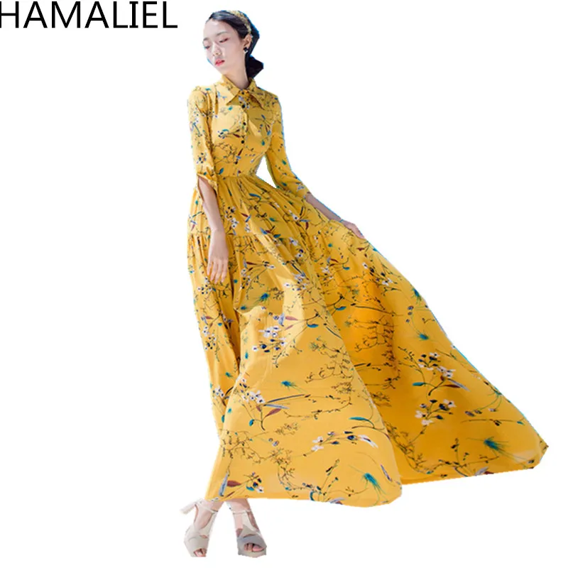 

HAMALIEL High Quality Women Long Dress 2018 Summer Chiffon Yellow Printed Floral Lapel Collar Boho Lady Trendy Beach Maxi Dress