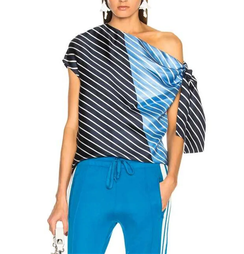 

High Street Women 2019 Summer Fashion Top Striped Patchwork Shirt Female Off Shoulder Lace Up Bow Sleeveless Sexy Blouse