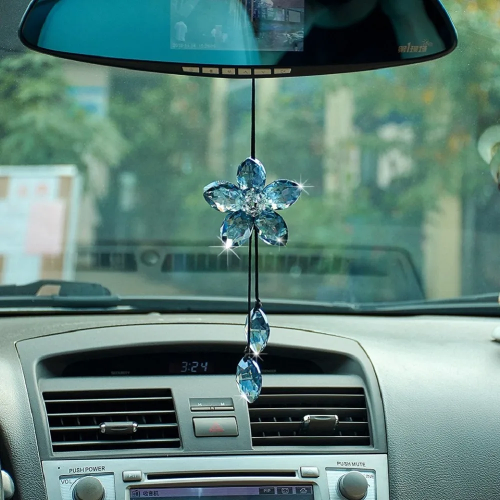 NEW Crystal Flower Car Hanging Ornament Auto Rear View Mirror Pendant 