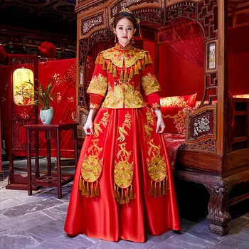 

Chinese Women Embroidery Phoenix Cheongsam Red Tassel Qipao Ancient Bride Wedding Dress Noble Evening Party Gowns Vestidos