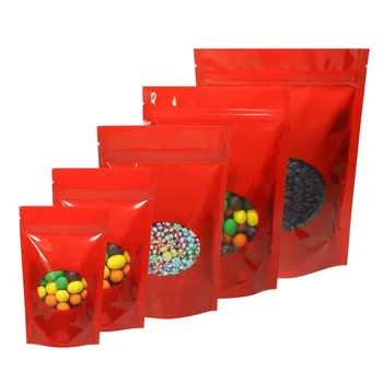 

Chinese Red Aluminum Foil Stand Up Zip Lock Pouches with Clear Window For Snack Storage Resealable Bag Free Shipping