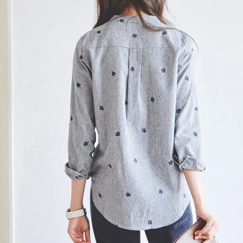 أزياء النساء يترك التطريز طويلة الأكمام بلوزة عارضة قميص مخطط البلوزات قمم NYZ متجر