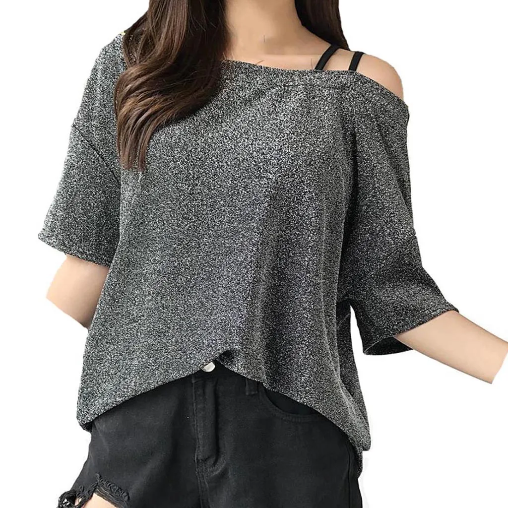 Women Blouse 2019 Summer Women's Shining Shining Top Short Sleeve T-Shirt With Short Shoulders