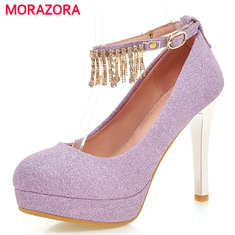 

MORAZORA 2018 Bride shoes wedding buckle shallow platform shoes high heel 10.5cm big size 32-43 women pumps elegant solid