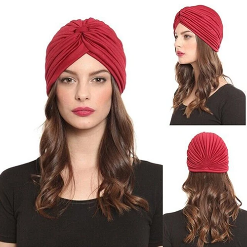 Женская эластичная шапка тюрбан повязка на голову бандана для химиотерапии хиджаб плиссированная индийская Кепка Прямая поставка