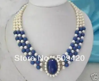 

FREE SHIPPING>>@> HOT3 rows 7-8mm white pearls lazuli necklace 17"
