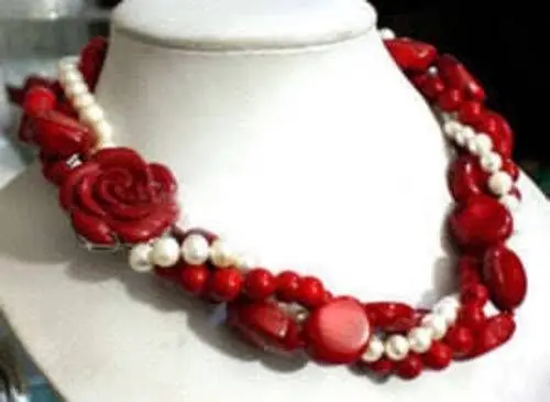 

Hot sell Noble- hot sell new - White Akoya Cultured Pearl & Red Coral With Flower Clasp Necklace 18" BV377 5.27