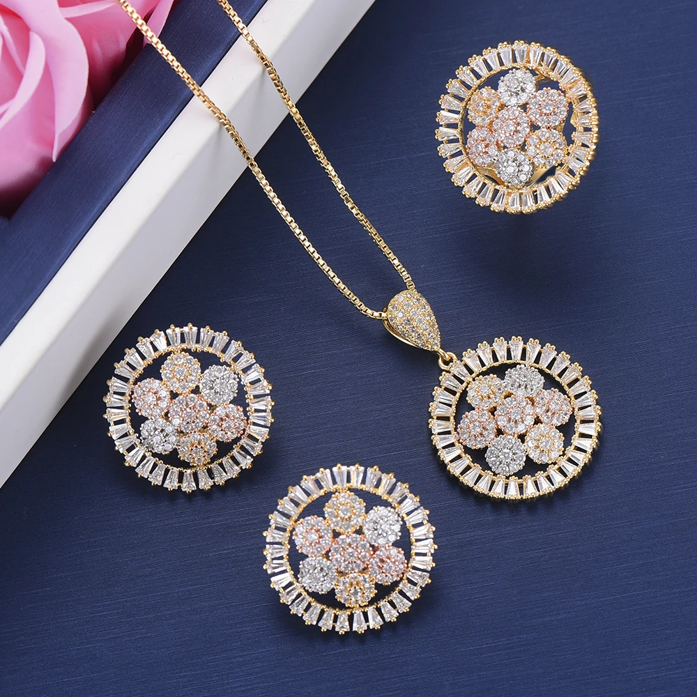

Women Wedding Jewelry Sets Flower Shape Full Cubic Zirconia Inlaid Necklace Earrings Resizable Ring Jewelry Sets For Engagement