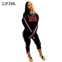 ZJFZML с принтом букв Повседневное двух частей OutfitWomen с круглым вырезом и длинными рукавами Толстовка + штаны бодикон сбоку в полоску 2