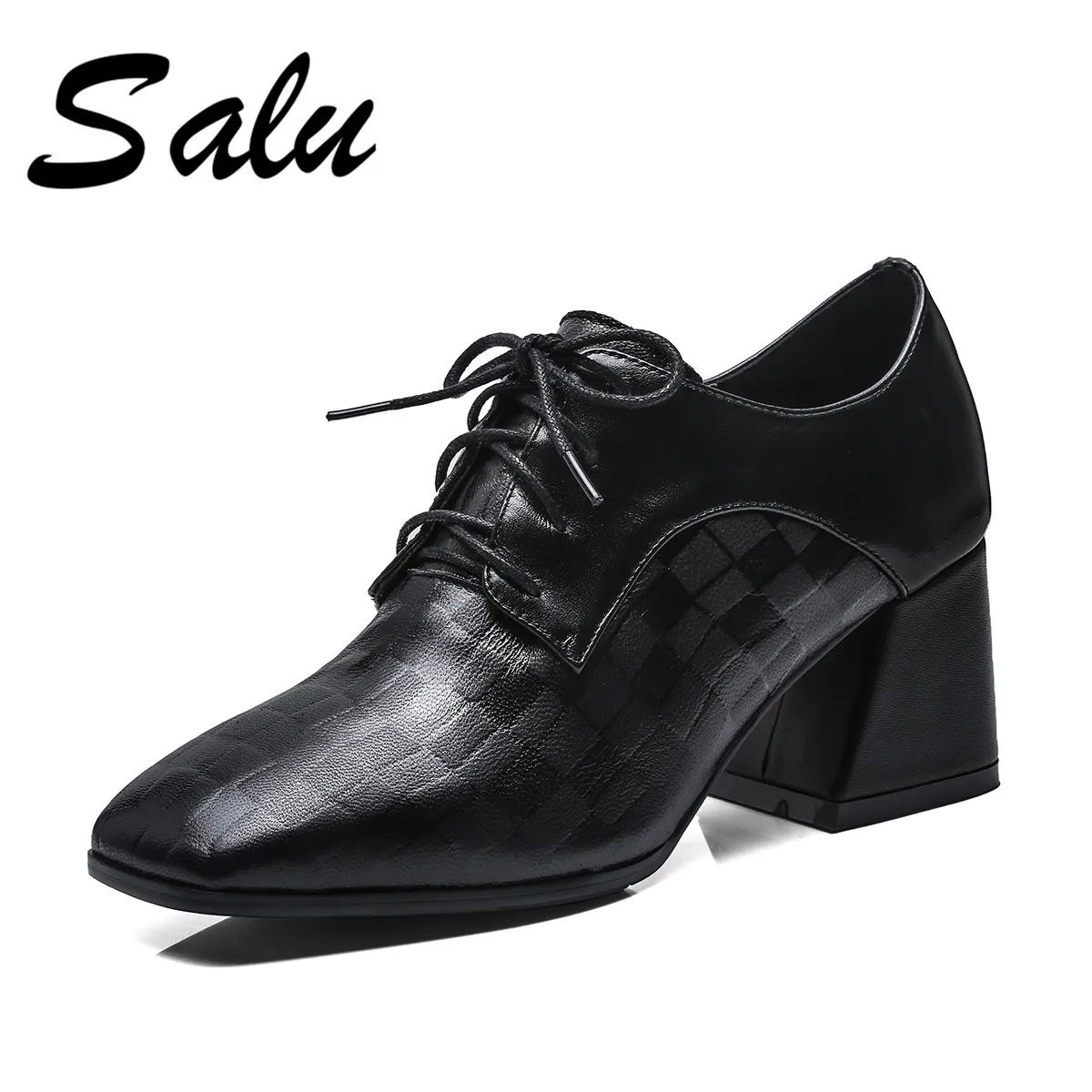 

Salu 100% REAL PHOTO high heels pumps square toe genuine leather shoes women ladies black Sexy chaussure femme