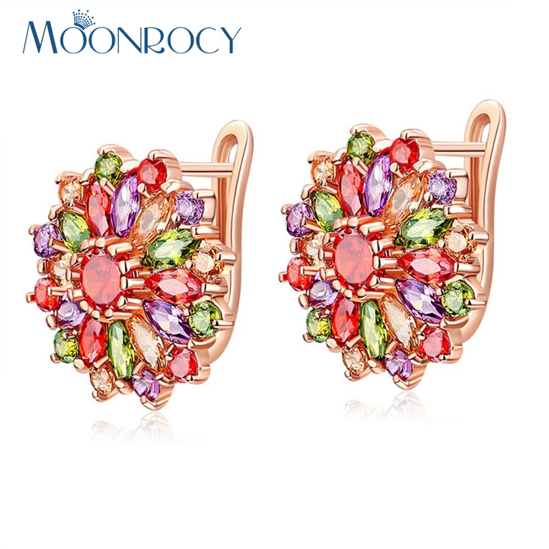 

MOONROCY Free Shipping Fashion Jewelry Rose Gold Color Cubic Zirconia Multicolor Austrian Crystal Earrings for Women Girls Girl