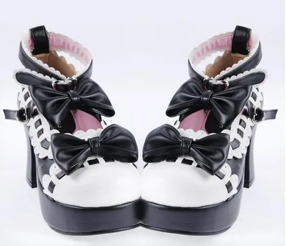 Бренд "Qin kuan" Для женщин кружевом в Стиле Лолита; туфли из искусственной кожи в стиле Лолиты обувь на шпильках туфли на высоком каблуке, декорированные бантом; Лодочки на платформе Косплэй обувь плюс Размеры, больших размеров: 33-47