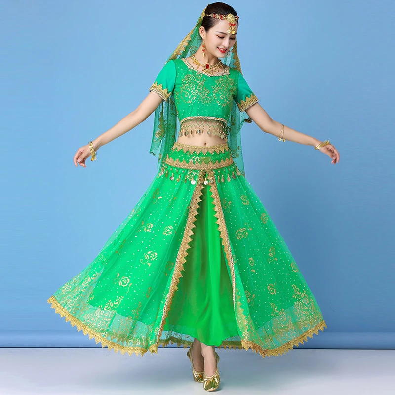  Disfraz de Bollywood para danza del vientre, traje de baile  indio noble de Sari con velo de cabeza para mujer, Dorado-fucsia : Ropa,  Zapatos y Joyería
