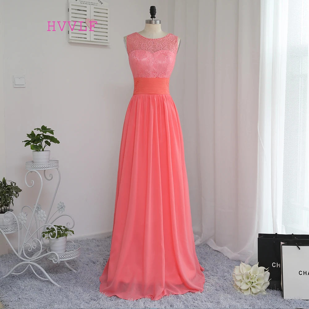 A-line Scoop Floor Length Coral Chiffon Lace Bridesmaid Dress in Bridesmaid dresses