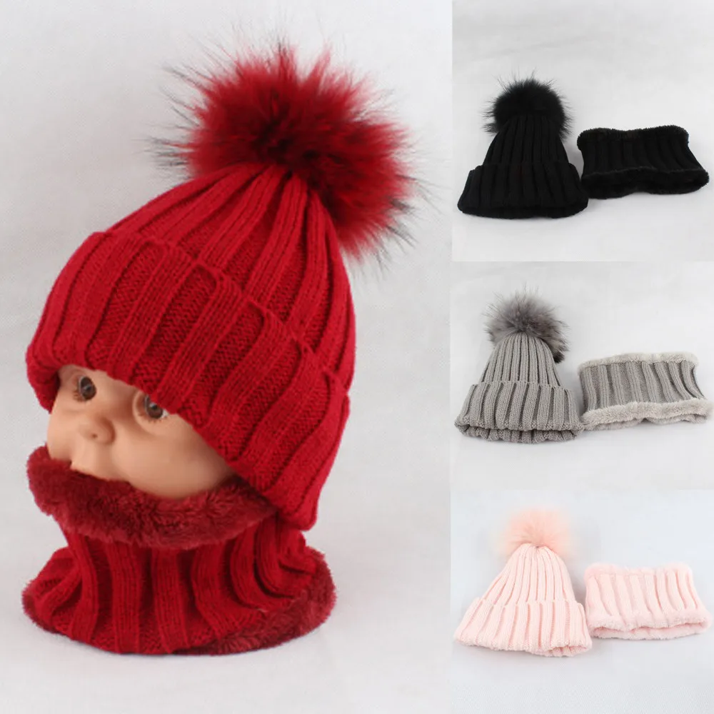 

Baby hat set winter warm children's peas hair ball children's wool knit hat + plus velvet scarf