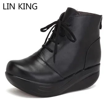 

LIN KING Zipper Black Women Boots Lace Up Genuine Leather Winter Shoes Warm Wedges Platform Swing Shoes Big Size Short Boots