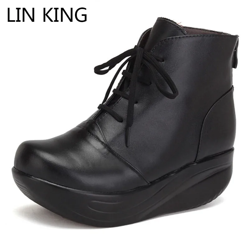 Véritable Chaussures Taille Black À Lin D'hiver Noir Femmes Coins Bottes Lacets Courtes Chaud Roi Plate Balançoire forme Grande Zipper Bottines En Cuir D9IWEHY2