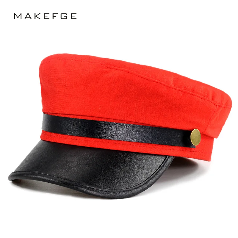 

Unisex Women brim Red and black gray Military Hats Autumn Winter Wool Pu Leather Patchwork Newsboy Caps With Belt Female Gorras