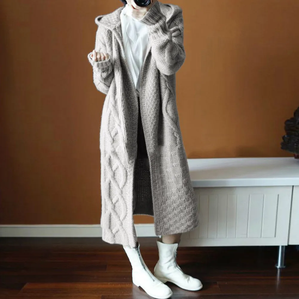

Sweater Women Winter hooded Outwear Umbilical Twist Knitted Cardigan Sweater Gray Long Cardigans Winter Knitted Sweaters femme