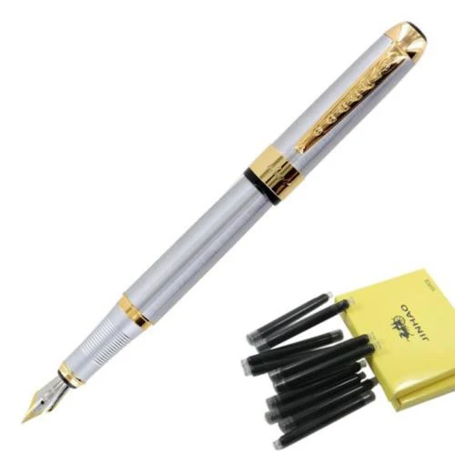 SOSW-Jinhao 250 перьевая ручка из нержавеющей стали с золотой отделкой с 10 черными чернилами Набор сменных стержней классический высокоценный набор