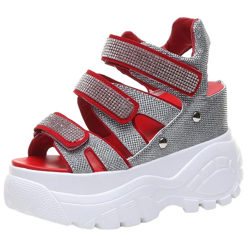 

NAYIDUYUN Women Sport Sandals Platform Wedges High Heels Open Toe Strappy Diamonds Summer Shoes Party Casual