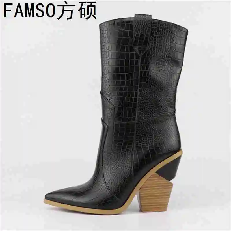 

FAMSO 2019 New Women Boots Autumn Chelsea Boots Pointed Toe Western Boots Winter Brand Genuine Leather Boots Big Size 34-46
