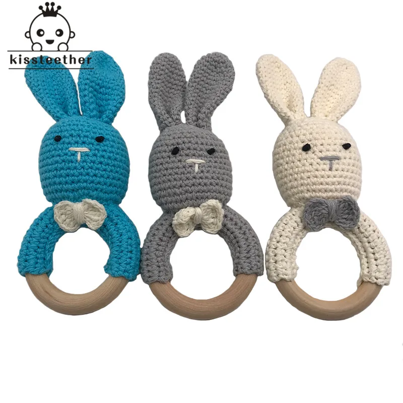 Handmade Wooden Natural Baby Teething Ring Chewie Teether Bunny Sensory Toy Gift
