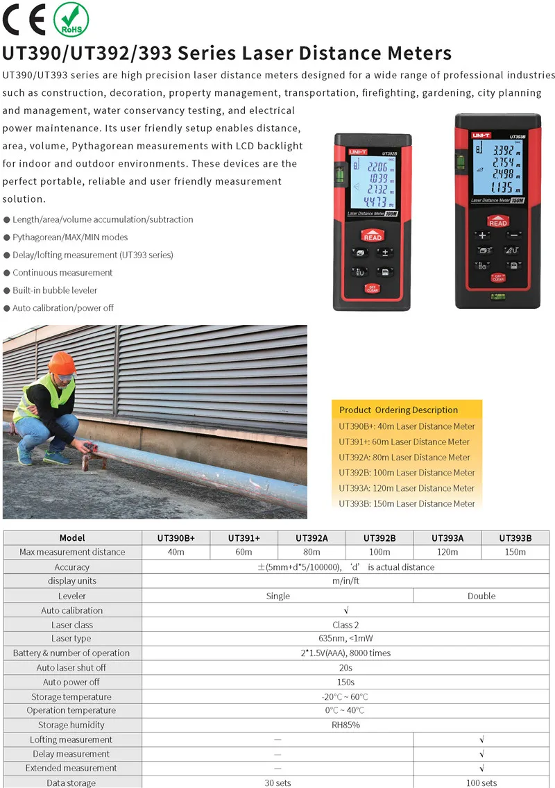 UNI-T UT390B+/UT391+ Лазерный дальномер; 40 м/60 м Инфракрасный измерительный прибор/электронная линейка, хранение данных, автоматическое отключение