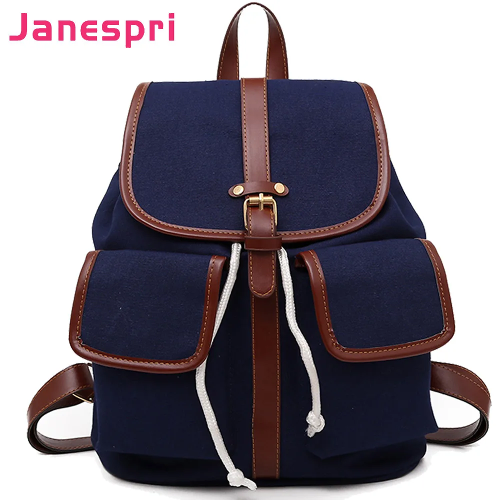 Janespri Women Double Pocket Canvas Backpack 2018 Female Drawstring Backpack High Capacity 