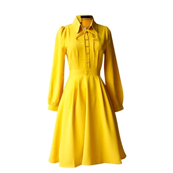 

Autumn New Slim Metal Buckle Long-sleeved Dress French Retro 50s60s Yellow Vintage Hepburn Temperament Casual Party Dress