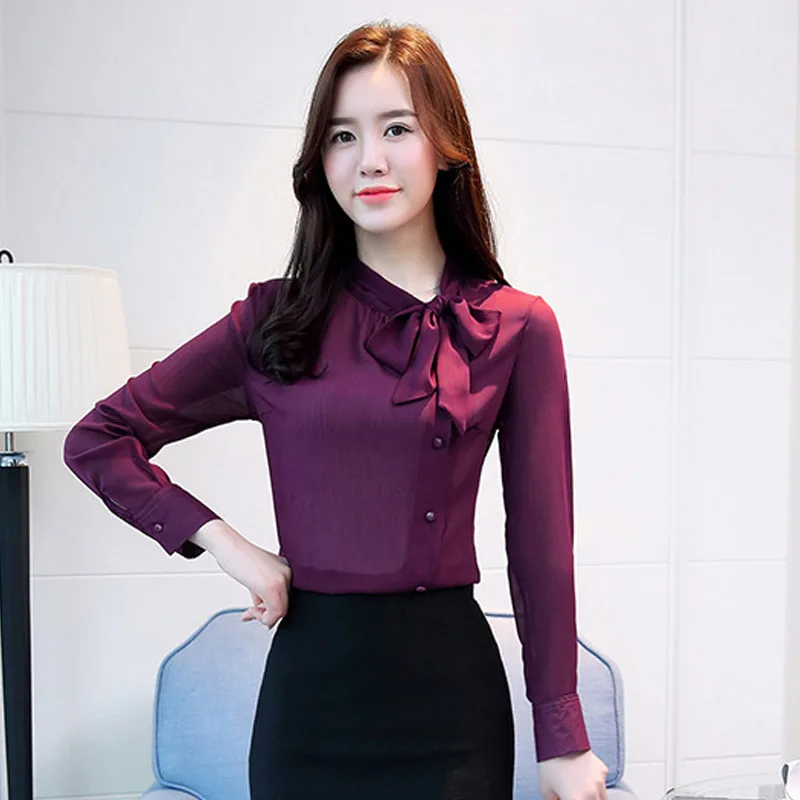 

Women Autumn Chiffon Shirts Long Sleeves Bowknot Cardigans Loose Silm Fit Tops KNG88