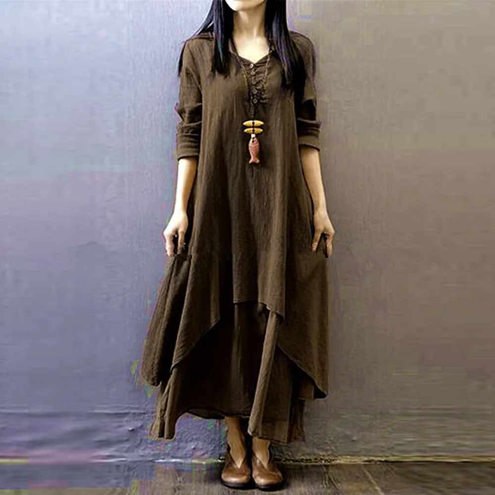 Ceny Moda kobiety chłopa etniczne Boho jesień bawełniana pościel sukienka maxi z długim rękawem Gypsy koszula sukienka Kaftan vestidos de verano W708