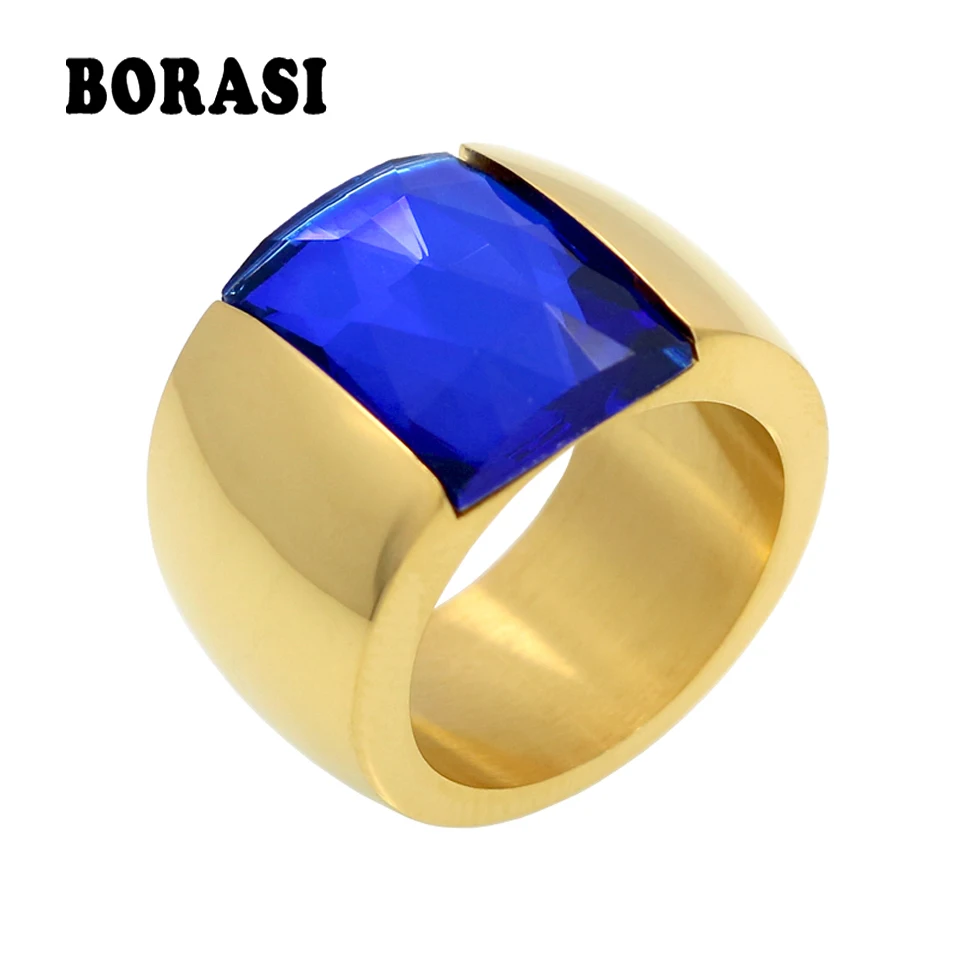 

Fashion Brand Stainless Steel Ring For Women Austrian Crystal Blue Green Red Stone Ring Gold Color Female Wedding Ring Band