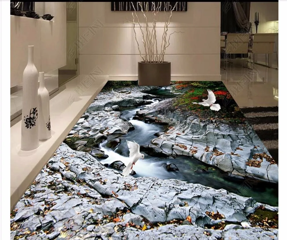 

custom wallpaper 3d flooring Waterproof self-adhesion murals 3D granite stream floor tile three-dimensional painting background