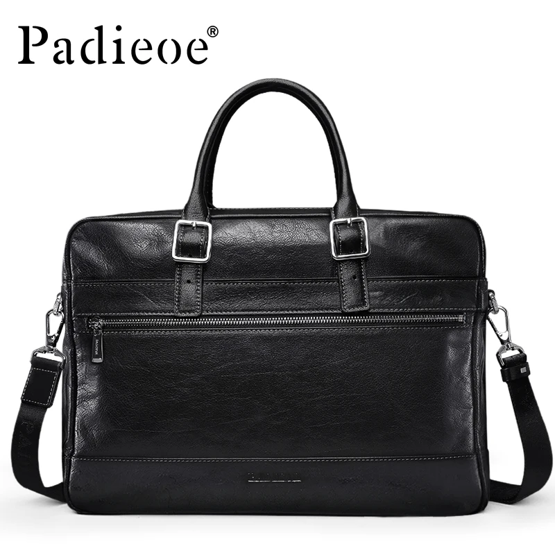 Padieoe Luxury Genuine Leather Vintage Briefcase Casual Laptop bag Business Durable Cow Leather Male Tote Bags Shoulder bag