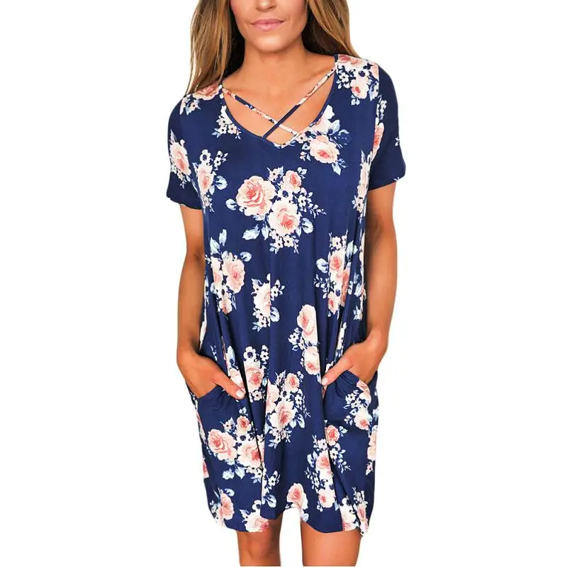 Dreszdi Summer Floral Printed Mini Dress Women Casual Flower Dress Loose A Line Ladies Short Printing Dress (3)