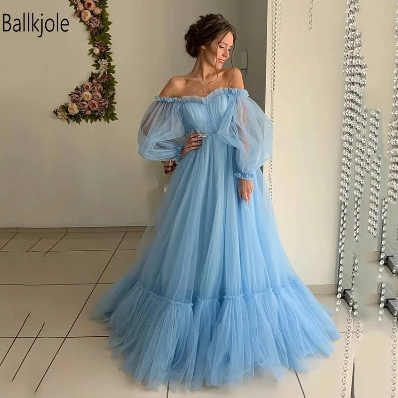

Ballkjole Light Blue Off-The-Shoulder Sexy Prom Dresses Onlin 2019 A-Line Gorgeous Sheer-Tulle Long-Sleeves Evening Party Dress
