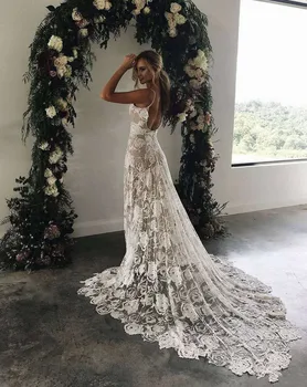 

Charming Lace Boho Beach Wedding Dress Sexy Backless Spaghetti Straps Vestido de Noiva Vintage Bohemia Wedding G